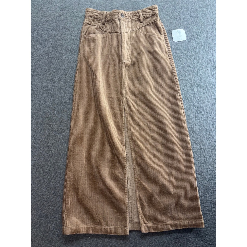 Tan Brown Corduroy Maxi Skirt High Waisted Front Slit Long A-Line Skirt XS